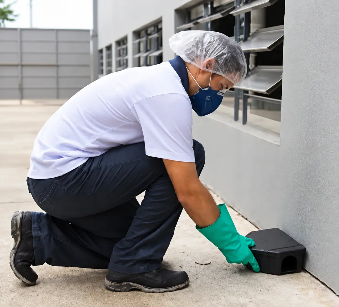Porta-iscas instalado junto à parede, na área externa de uma empresa